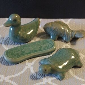 Vintage Green Ceramic Animal Figurines Set
